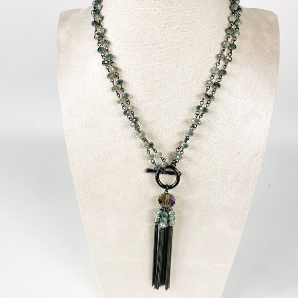 Gunmetal Toggle Clasp Chain Tassel Smoky Grey Green Beaded Sautoir Necklace - Picture 2 of 4